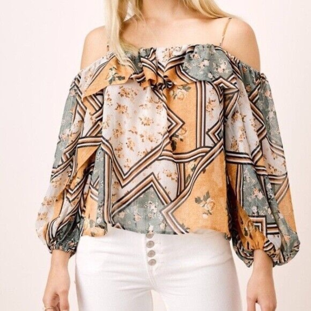 Lovestitch Boho Patchwork Floral Printed Open Shoulder Long Sleeve Blouse Top